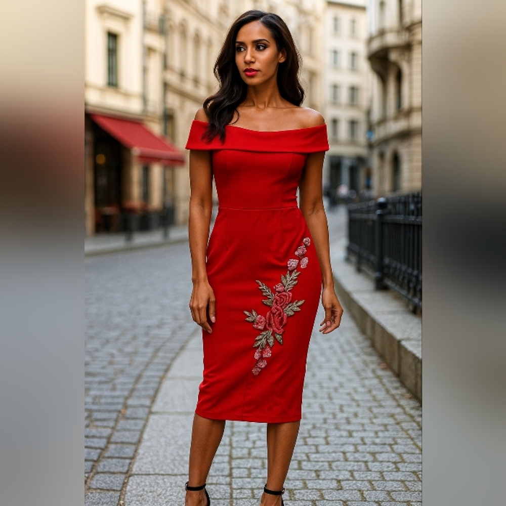 NWT Boohoo Red Off-Shoulder Midi Dress with Floral Detail Sz6